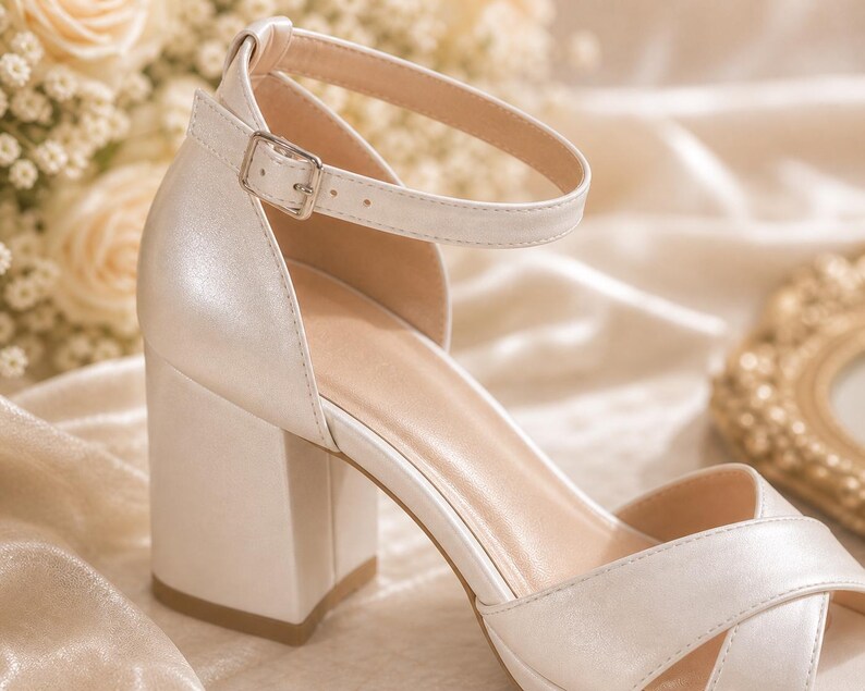 May include: Ivory-colored bridal sandal with a block heel and ankle strap. The sandal features a buckle closure and a crisscross strap design over the toes. The heel measures approximately 3 inches.