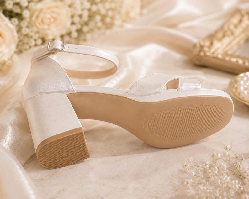 May include: Ivory-colored sandal with a block heel and ankle strap. The shoe features a platform sole and a textured, light brown outsole. The heel measures approximately 3 inches.