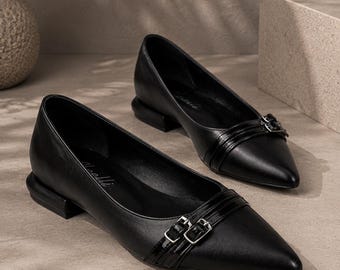 Black Leather Buckle Flats, Pointed Toe Ballet Shoes, Handmade Minimalist Low Heel Office Flats for Women Elegant Shoes