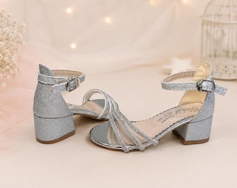 Silber Glitzer Prinzessin Heels für Mädchen, Blumenmädchen Schuhe, Hochzeitsschuhe für Kinder, funkelnde Sandalen, Junior Brautjungfer Partyschuhe