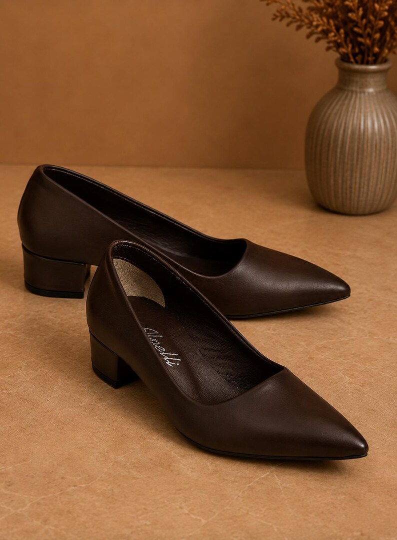 Peut inclure: Une paire d'escarpins en cuir marron fonc&eacute; avec un bout pointu et un petit talon carr&eacute;. Les chaussures sont pr&eacute;sent&eacute;es sur une surface marron clair, avec un vase de fleurs s&eacute;ch&eacute;es en arri&egrave;re-plan. Les talons mesurent environ 5 cm.