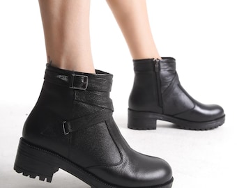 Damen schwarze Echtleder Schnalle Stiefel, speziell für Valentinstag