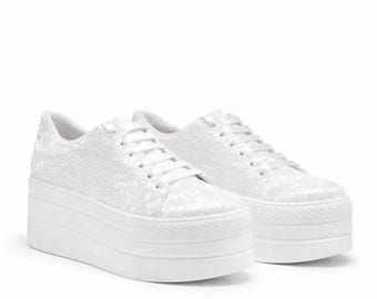 Pearl Lace Platform Sneakers Wedding Shoes for Bride, 6 cm Platform Bridal Sneakers, Ivory Lace Wedding Shoes, Comfortable Bridal Shoes