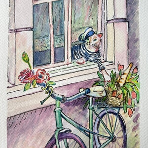 Pronti per il picnic. Bicicletta con rose, cestino di tulipani e baguette francese. Arte originale. Acquerello su carta. 5"x7", senza cornice.