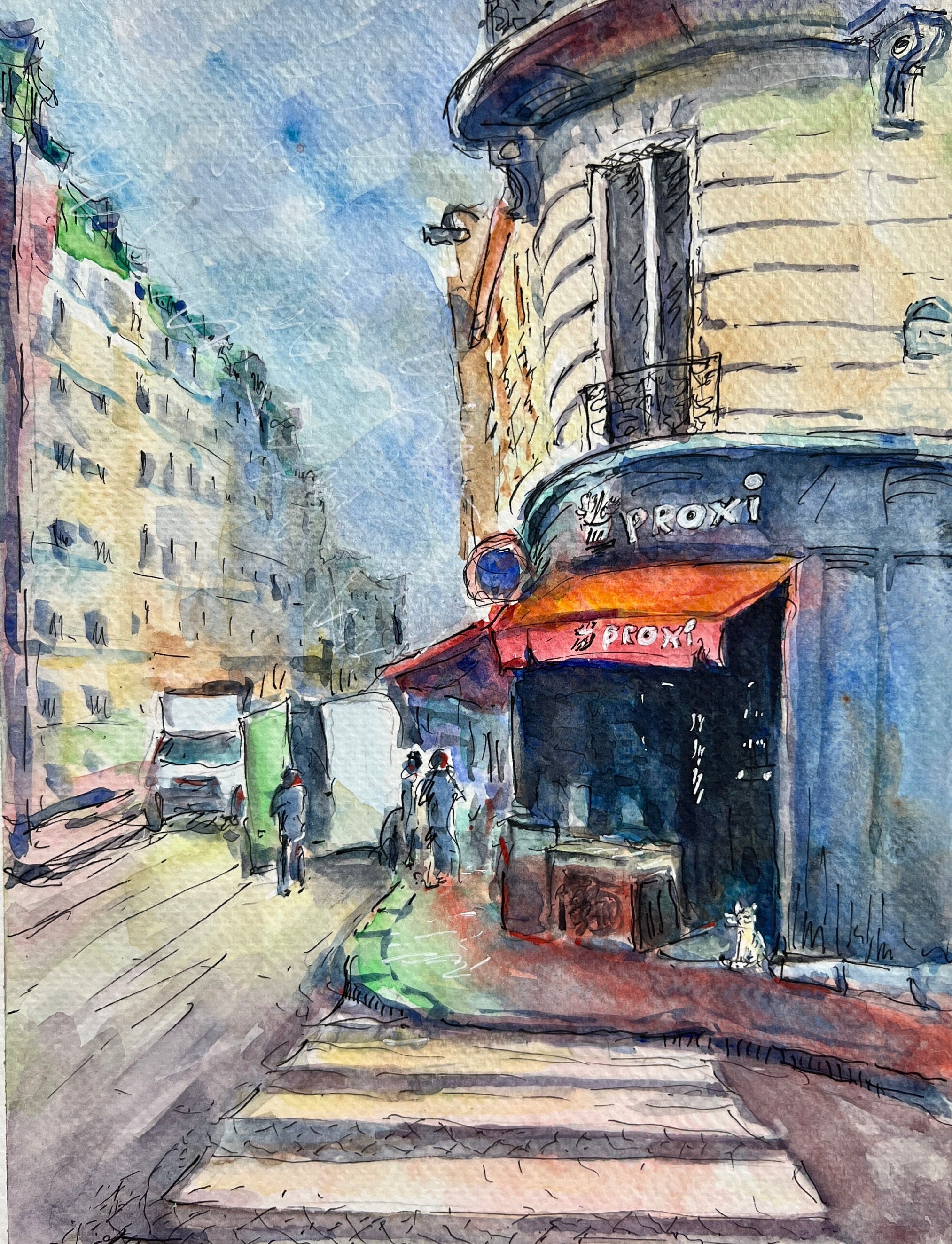 リカルドゴンザレス 原画 WET PAINT Corner Shop in Paris. Original Painting. Watercolor, 10