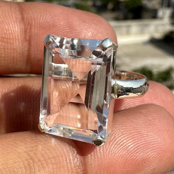 Natural Clear Crystal Quartz Ring, 925 Sterling Silver, Faceted Rectangular Transparent Gemstone Jewelry