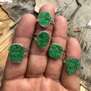 Natural Uvarovite Green Garnet Ring: 925 Sterling Silver Druzy Statement Ring