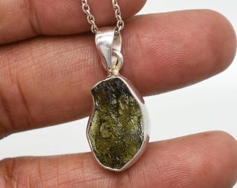 Raw Moldavite Crystal Pendant: 925 Sterling Silver Tektite Necklace