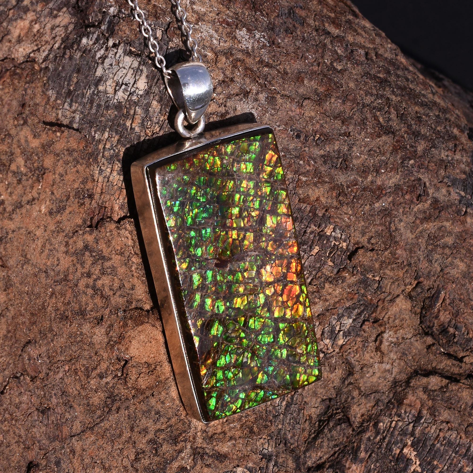 Dainty Natural Canadian Ammolite Pendant Necklace, Large Sterling Silver Ammolite Fossilized Jewelry for gift