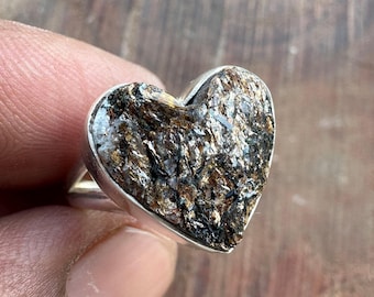 Raw Astrophyllite Druzy Heart Ring, 925 Sterling Silver