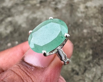 Handmade Oval Green Aventurine Ring, Sterling Silver, Faceted Gemstone