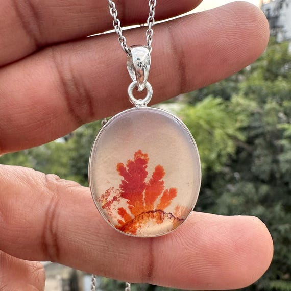 Natural Red Dendritic Scenic Agate Pendant Necklace, Landscaped Shazar Gemstone Sterling Silver Handmade Jewelry