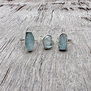 Raw Aquamarine Ring, Sterling Silver Rough Gemstone Jewelry