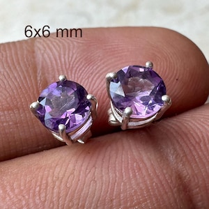Genuine Amethyst Stud Earring, Handmade Round Cut Amethyst Crystal Earring in 925 Sterling Silver, Tiny Amethyst Stud Earring Jewelry, Gift