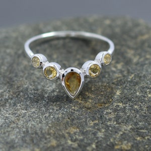 Genuine Citrine Ring, 925 Sterling Silver Ring, Elegant Minimalist Citrine Ring, Citrine Multi Stone Engagement Ring Gemstone Jewelry