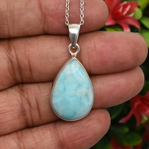 Natural Larimar Pendant Necklace in 925 Sterling Silver, Designer Dominican Larimar Necklace, Blue Larimar Crystal Jewelry, Birthday Gift
