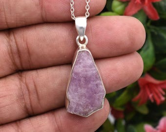 Raw Kunzite Crystal Pendant Necklace: 925 Sterling Silver, Healing Charm