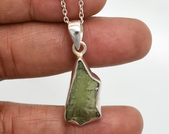 Raw Moldavite Crystal Pendant: Natural Tektite, Sterling Silver Necklace