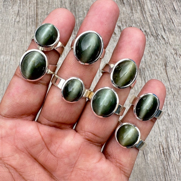 Natürlicher Chrysoberyll Katzenauge Ring, 925 Sterling Silber Ring, Katzenauge Edelstein Unisex Männer Frauen Ring, Handgemachter Schmuck Statement Ring