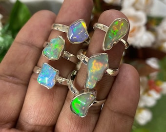 Natural Fire Opal Raw Ring, Ethiopian Opal Sterling Silver Handmade October Birthstone Jewelry