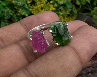 Natural Chrome Diopside Ring, 925 Sterling Silver Ring, Raw Chrome Diopside and Ruby Glass Field Prong Ring, Raw Crystal Adjustable Ring