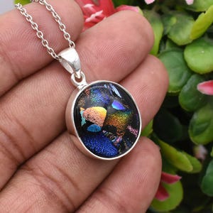 Dainty Multicolor Dichroic Glass Pendant Necklace - Handmade Sterling Silver Necklace - Dichroic Glass Jewelry - Christmas Gift
