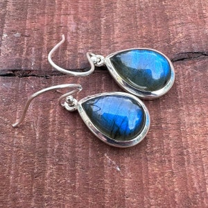 Natural Labradorite Gemstone Earring in 925 Sterling Silver, Natural Blue Labradorite Hook Earring, Sterling Silver Dangle Earring, For Gift