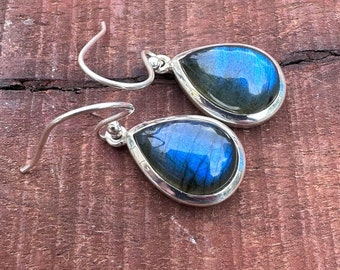 Natural Labradorite Gemstone Earring in 925 Sterling Silver, Natural Blue Labradorite Hook Earring, Sterling Silver Dangle Earring, For Gift