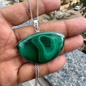 Green Malachite Gemstone Pendant Necklace, 925 Sterling Silver Necklace, Healing Malachite Jewelry, Natural Malachite Necklace, Gift for her
