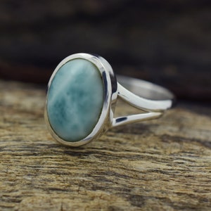 Genuine Blue Larimar Ring, Natural Dominican Larimar Sterling Silver Ring, Handmade Boho Jewelry Vintage Ring, 925 Sterling Silver Ring