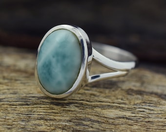 Natural Larimar Sterling Silver Ring: Handmade Boho Jewelry
