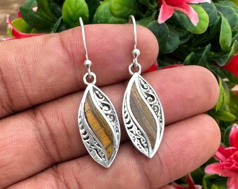 Sterling Silver Tiger's Eye Earrings: Leaf Inlay Dangle Drop