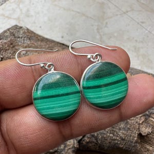 Genuine Green Malachite Gemstone Earring, Round Shape 925 Sterling Silver Earring, Natural Malachite Crystal Jewelry, Dangle Drop Earring