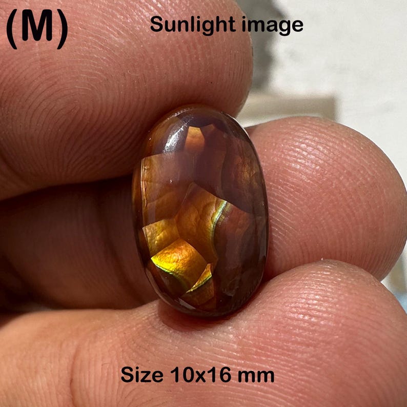 May include: An oval-shaped gemstone with a brown and gold color scheme. The stone has a polished surface and measures 10x16 mm. The text "Sunlight image" is visible at the top, and "Size 10x16 mm" is at the bottom.
