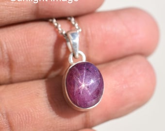 Collier pendentif rubis étoilé naturel : bijoux faits main en argent sterling 925 et cristal