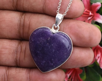 Lepidolite Heart Pendant Necklace: 925 Sterling Silver, Natural Gemstone