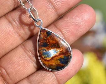 Namibian Pietersite Pendant, Teardrop Sterling Silver Necklace, Handmade Jewelry