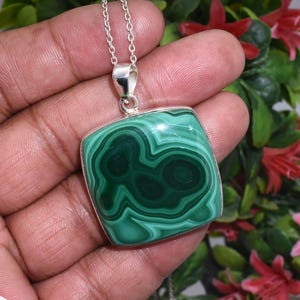 Stunning Green Malachite Pendant Necklace, Handmade Malachite Crystal Jewelry, 925 Sterling Silver Necklace, Natural Gemstone Large Necklace