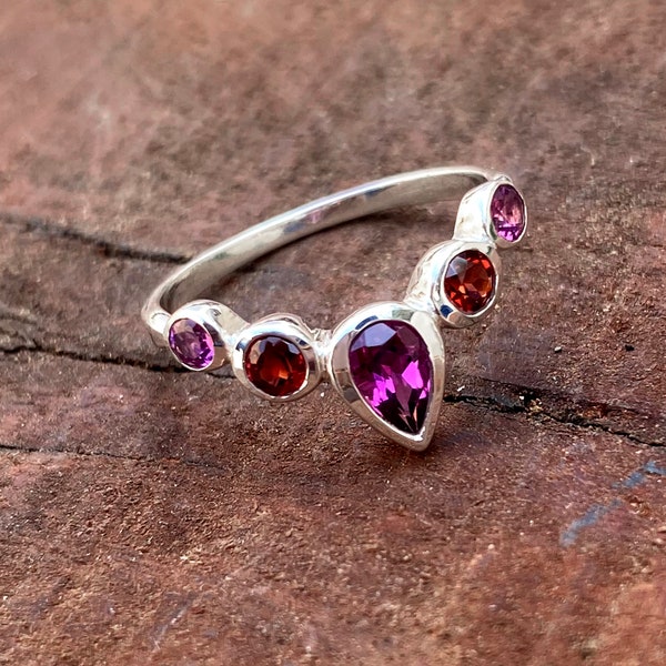 Genuine Rhodolite Garnet Ring, 925 Sterling Silver Ring, Garnet Silver Women Ring, January Birthstone Ring Vintage Jewelry, Gift for her