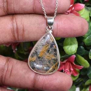 Genuine Golden Rutiled Quartz Pendant Necklace, Golden Rutile Gemstone Jewelry, Sterling Silver Necklace, Handmade Golden Crystal Necklace