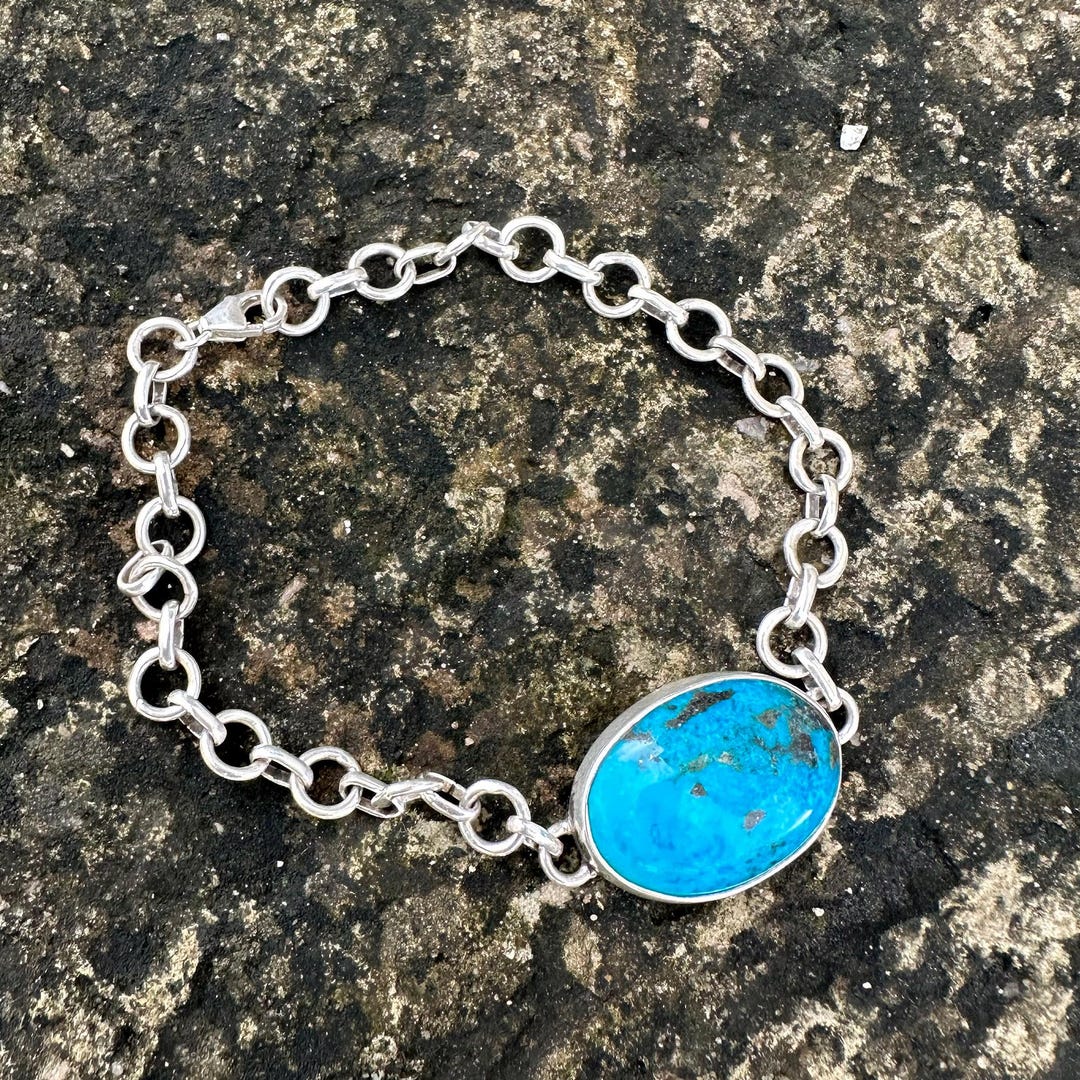 Bracelet En Argent 925 Et Turquoise Fait Main Réglable - Bijou Artisanal Inde - Neuf Sans Emballage