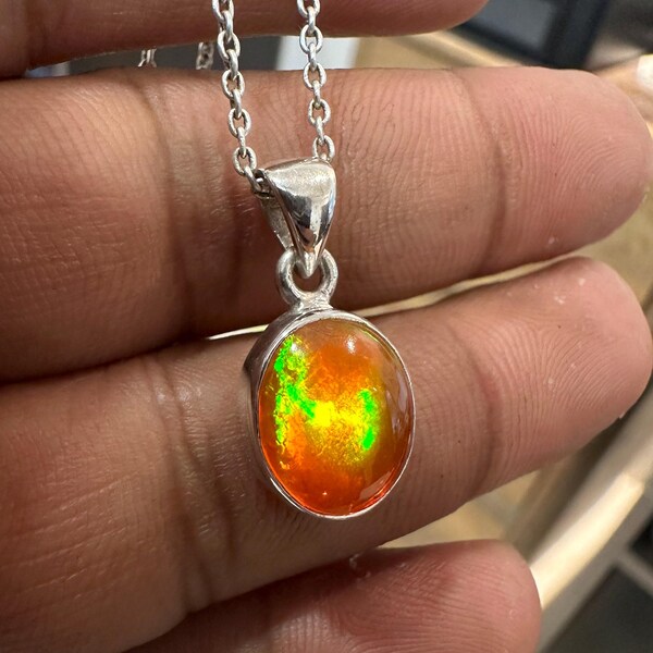 Elegant Natural Orange Fire Ethiopian Opal Pendant Necklace, 925 Sterling Silver Necklace, Handmade Orange Fire Opal Jewelry, Wedding Gift