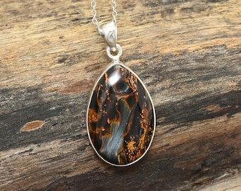 Handmade Namibian Pietersite Pendant: Teardrop Sterling Silver Necklace