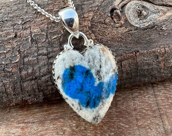 Natural K2 Jasper Gemstone Heart Shape Pendant Necklace, 925 Sterling Silver Blue Stone Necklace, Handmade Bohemian Silver Jewelry For Gift