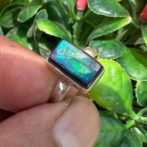 Natural Canadian Ammolite Fossil Ring in 925 Sterling Silver, Blue Flashy Ammolite  Ring, Energy Crystal Statement Ring, Size - 5.75 US