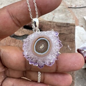 Top Grade Natural Flower Amethyst Stalactite Slice Pendant Necklace, 925 Sterling Silver Necklace, Amethyst Stalactite Druzy Necklace