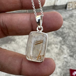 Genuine Golden Rutiled Quartz Pendant Necklace, Handmade Golden Rutile Rectangle Necklace, Sparkling Golden Rutile Jewelry, Christmas Gift