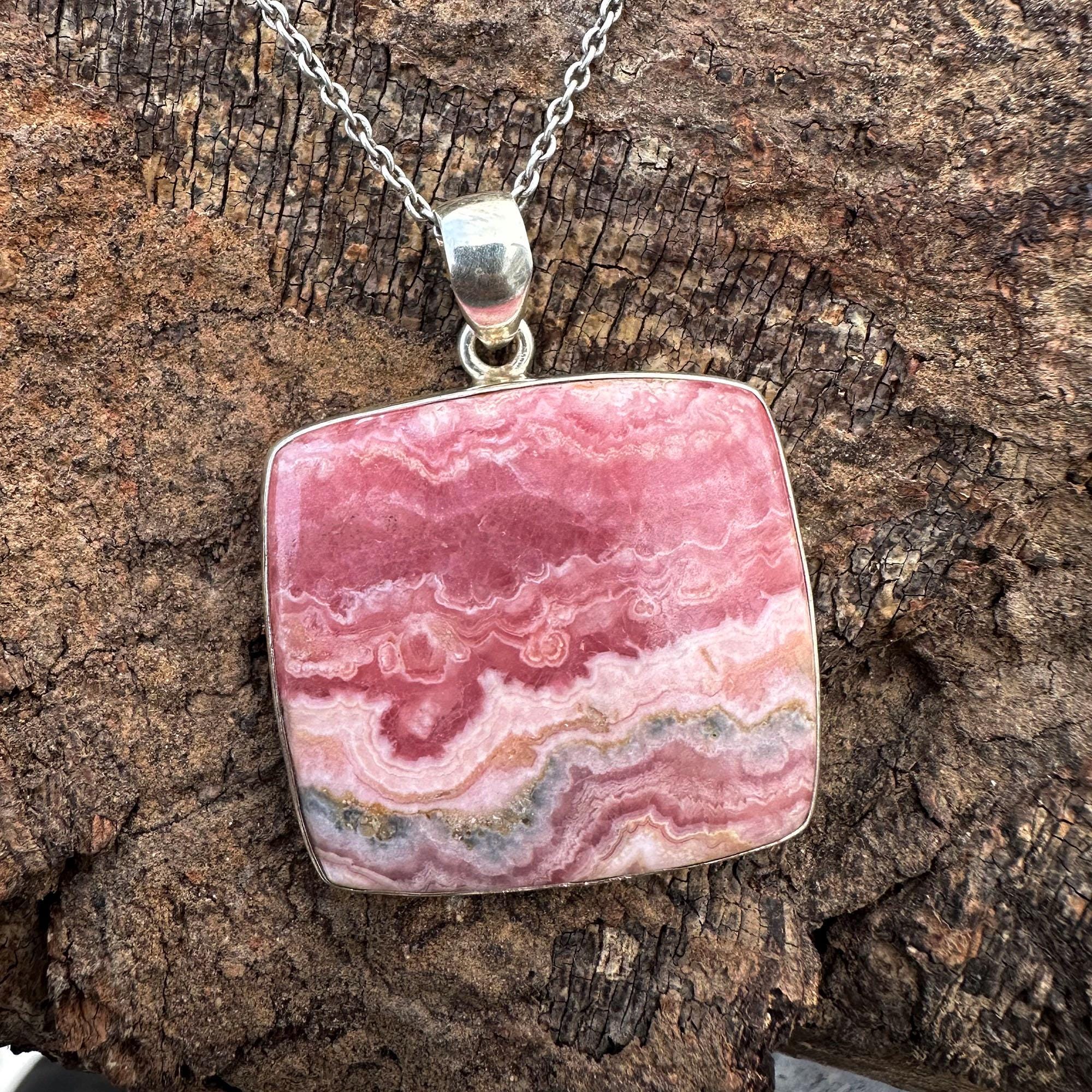 Top Grade Genuine Rhodochrosite Pendant Necklace, Large Square Rhodochrosite 925 Sterling Silver Necklace, Dainty Rhodochrosite Jewelry Gift