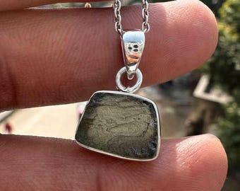 Real Moldavite Pendant Necklace, Raw Tektite Gemstone, 925 Sterling Silver