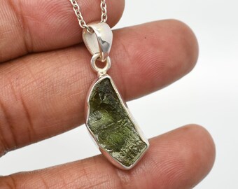 Raw Moldavite Tektite Pendant: 925 Sterling Silver Healing Necklace